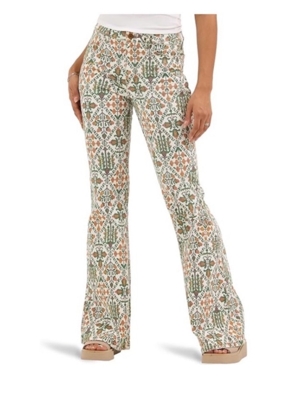 Wrangler high rise Flare Pants in Green and Tan Motif